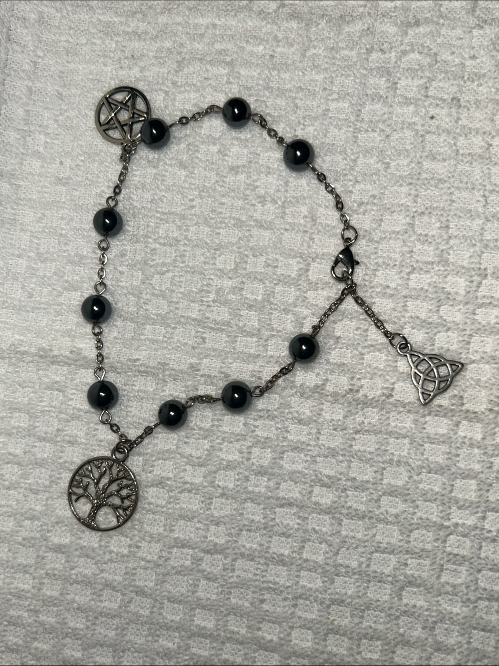 Agate Bead Anklet W/Silver Pentagram, Tree of Life & Celtic Knot Charms